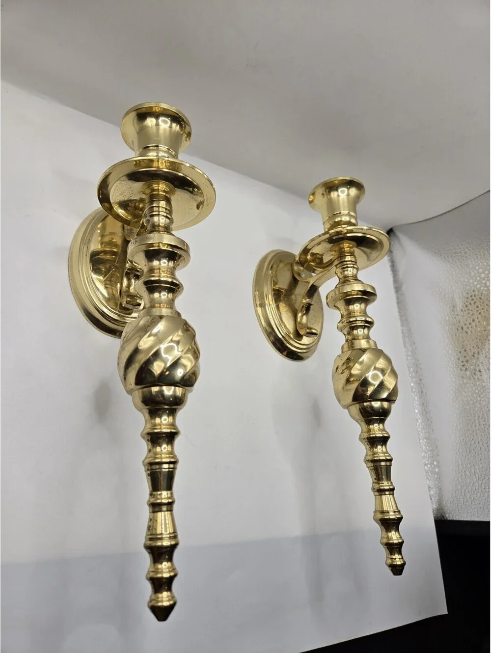 Vintage Solid Brass Pair/Set Wall Sconce Candle Holders Twist Swirl 10